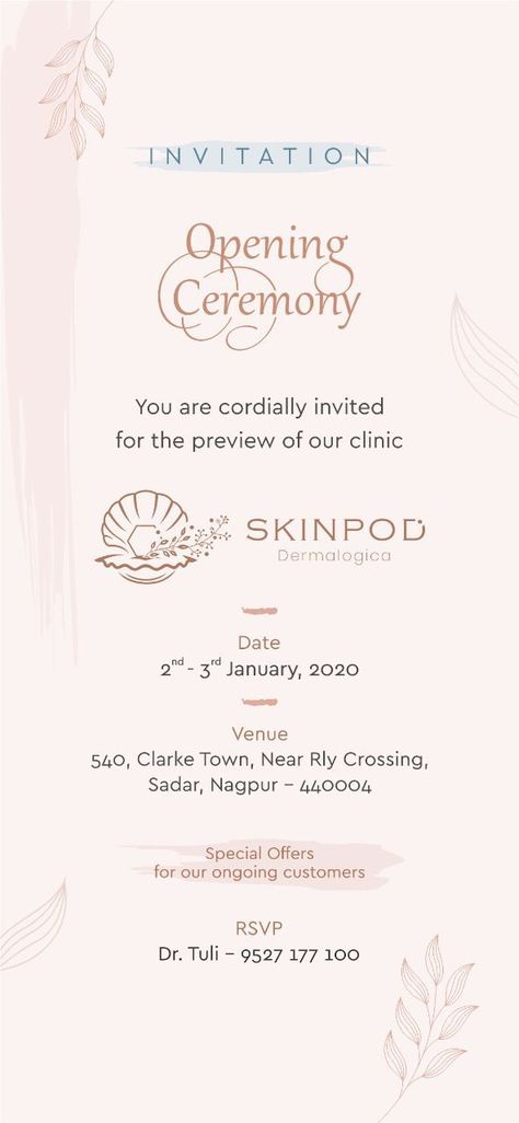 A Dermatologica or Skin Care Clinic Opening Invitation Dental Clinic Invitation Card, Dental Invitation Card, Dental Clinic Opening Invitation Card, Clinic Opening Invitation Card, Opening Ceremony Invitation Card, Skin Clinic Interior Design, Inauguration Invitation, Indian Baby Shower Invitations, Shop Opening Invitation Card