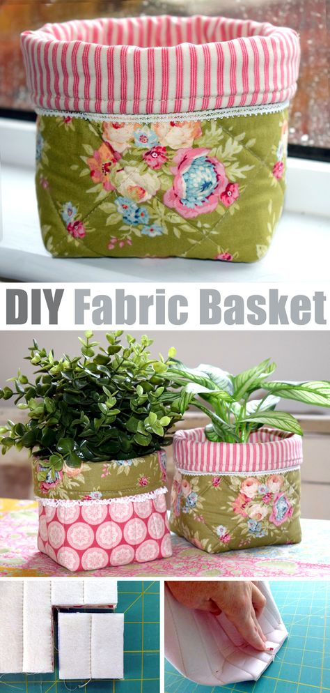 DIY Fabric Basket Tutorial Material Baskets How To Make, Quilted Plant Holder, Placemat Basket Diy, Fabric Basket Tutorial Free Pattern, Patchwork Gifts To Make, Fabric Bowls Tutorial, Cloth Baskets Diy How To Make, Diy Plant Pot Cover, Diy Quilted Basket