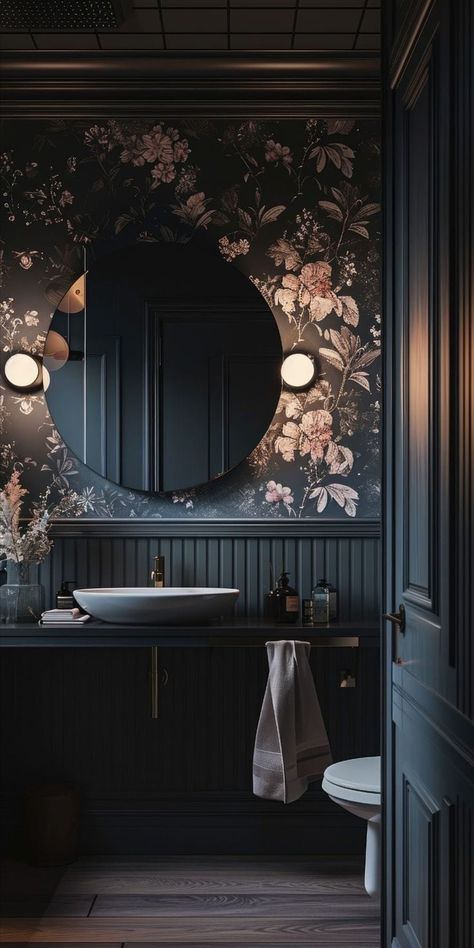 Ideas for Creating Dark and Moody Interior Spaces Gorgeous Powder Room Ideas, Dark And Moody Bathroom Design, Dark Home Interior Modern, Moody Wc Ideas, Wallpaper Niche Ideas, Bathroom Ideas Small Dark, Earthy Powder Room Ideas, Bathroom Wallpaper Aesthetic, Moody Boho Bathroom Ideas