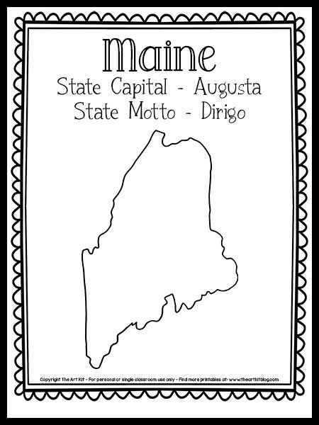 Maine State Outline Coloring Page {Free Printable!} - The Art Kit State Of Maine Coloring Pages, Maine Coloring Pages, State Project, Maine Flag, State Flowers, Geography Activities, Maine State, Coloring Page Free Printable, The 50 States