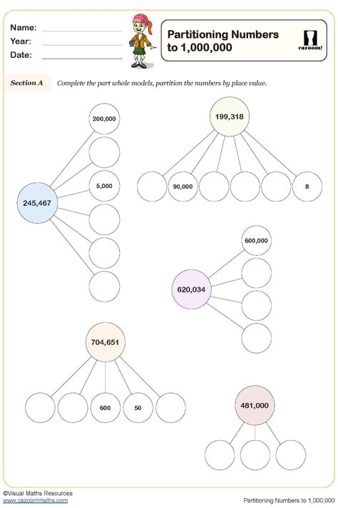 Encourage students to enhance their number partitioning skills with this comprehensive worksheet. Students will engage in both fixed and flexible partitioning of numbers through the use of part-whole models. They will also learn about completing number sentences for six-digit numbers and explore various ways of partitioning with the help of place value counters. This activity is a valuable tool for reinforcing understanding and mastery in mathematical concepts related to place value partitioning Partitioning Numbers, Year 9 Maths Worksheets, Ks3 Maths Worksheets, Year 8 Maths Worksheets, Ks1 Maths Worksheets, Year 6 Maths Worksheets, Year 2 Maths Worksheets, Year 7 Maths Worksheets, Year 5 Maths Worksheets