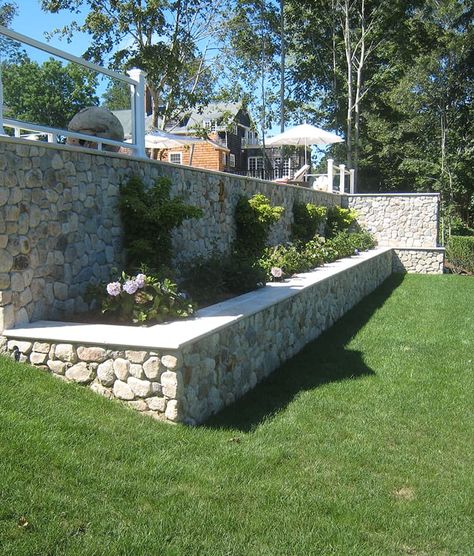 Round Wall Stone - Cape Cod, New England Rounds Wallstone Tumbled Bluestone, Fieldstone Wall, Stone Walls Garden, Colonial Garden, Retaining Wall Ideas, Sloped Backyard Landscaping, Compound Wall Design, Backyard Sanctuary, Stone Pavers