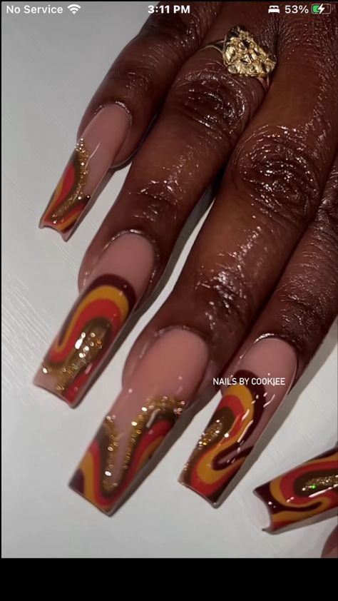 Green Orange Brown Nails, Bhm Nail Designs, Ginger Acrylic Nails, Earthy Girl Nails Acrylic, Tabitha Brown Colorful Nails, Earthy Summer Nails, 70s Inspired Nails Acrylic, Creative Fall Nails, Mf Doom Nails