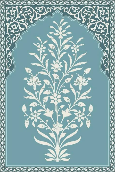 Traditional Indian Mughal flower motif. Mughal wall paintings, Mughal silhouette motif. Mughal Textile Motifs, Mughal Patterns Design, Mughal Motifs Design Patterns, Sajadah Design, Indian Illustration Art, Thikri Work, Mughal Art Motifs, Mughal Queen, Mughal Butta