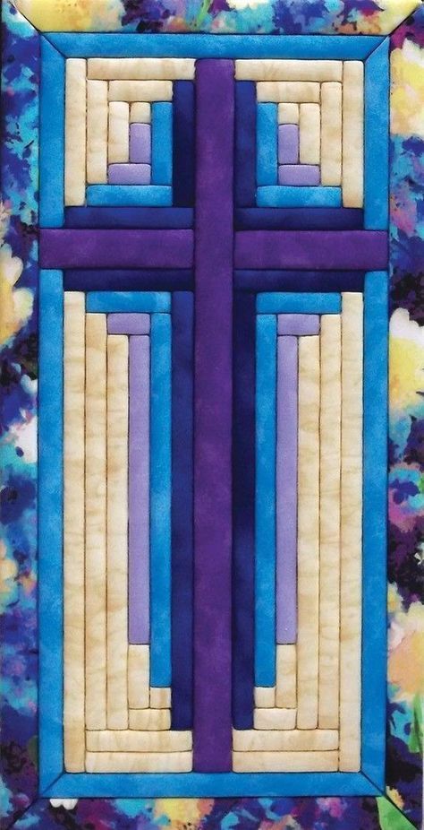 Church Banners Designs, Log Cabin Quilt Pattern, Log Cabin Quilt Blocks, Stained Glass Quilt, Cross Quilt, Purple Cross, Mary Maxim, Log Cabin Quilts, Church Banners