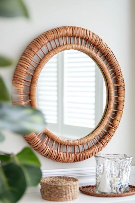 Rattan Mirror Frame, Rattan Decor, Diy Rattan, Mirror Frame Diy, Rattan Mirror, Mirror Frame, Diy Mirror, Woven Texture, Diy Home Decor Projects