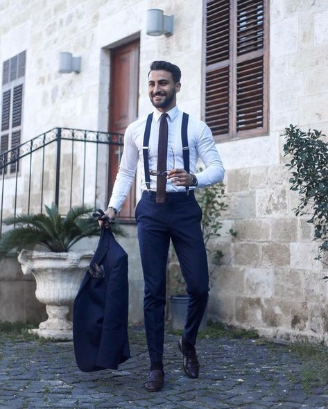 Suit Suspenders, Suit With Suspenders, Suspenders Men Fashion, Suspenders Outfit, Classy Coat, A Man In A Suit, Mens Wedding Attire, Groom Wedding Attire, Man In A Suit