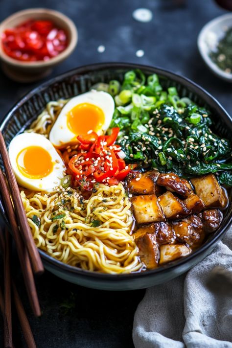 A bowl of ramen with boiled egg, tofu, greens, red peppers, and noodles. Recipe Ramen Noodles, Ramen With Salmon, Instapot Ramen Noodle Recipes, Ramen Sides, Recipes With Instant Ramen, Instant Ramen Upgrade, Ramen Recipes With Instant Ramen, Instant Ramen Noodle Recipes, Homemade Ramen Recipes