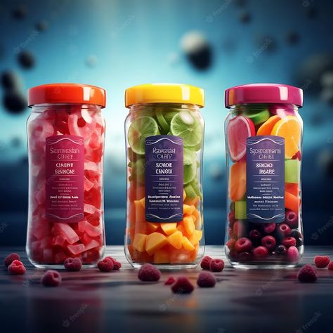 Premium AI Image | three jars of different kinds of fruit and vegetables with a blue background. Jars Packaging, Different Kinds Of Fruits, Jar Packaging, Kinds Of Fruits, Different Kinds, Design Concept, Fruits And Vegetables, Blue Background, Blue Backgrounds