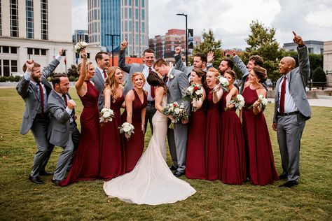 Burgundy & Gray Wedding Party in Downtown Nashville Burgundy And Grey Wedding Theme, Gray And Wine Wedding, Burgundy Grey Wedding, Grey And Red Wedding, Burgundy And Grey Bridesmaid Dresses, Burgundy Gray Wedding, Burgundy Sage Wedding, Grey And Burgundy Wedding, Burgundy Groomsmen