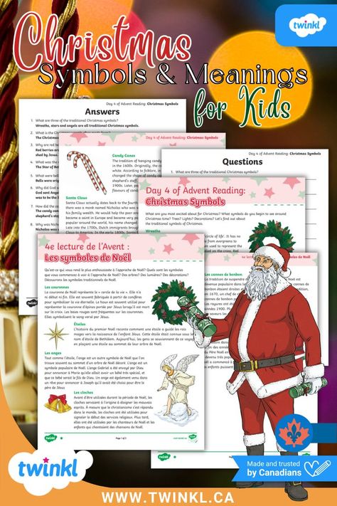 Twinkl’s Christmas symbols and meanings for kids resources in French and English on a colourful background with original Twinkl illustrations. Christmas Symbols And Meanings, Advent Readings, Symbols And Their Meanings, Christmas Symbols, Holiday Icons, Fun Stories, Christmas History, Festive Crafts, Holiday Icon