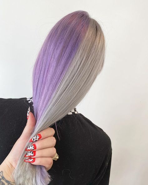 Half And Half Blonde Hair, Purple And Silver Hair Split Dye, Half Blonde Half Purple Hair Split, Half Grey Half Purple Hair, Blonde Purple Split Dye, Split Dyed Hair Blonde And Purple, Half White Half Purple Hair, Half Blonde Half Purple Hair, Lavender Split Dye