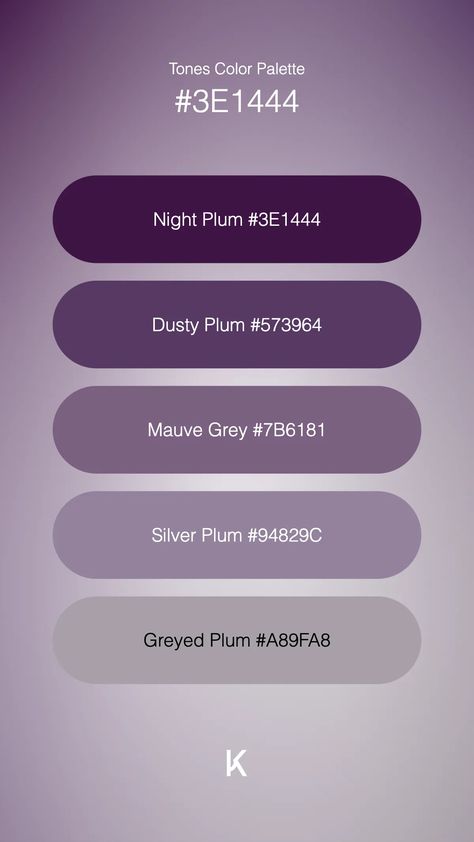 Tones Color Palette Night Plum #3E1444 · Dusty Plum #573964 · Mauve Grey #7B6181 · Silver Plum #94829C · Greyed Plum #A89FA8 Plum Color Palette, Old Sailing Ships, Hex Color Palette, Hex Color Codes, Hex Codes, Shirt Girl, Hex Colors, Paint Palette, Plum Color