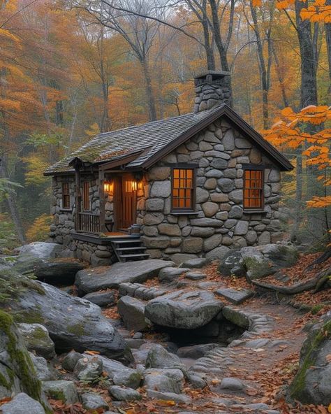 Stone And Wood Cabin, Stone Cabins And Cottages, Stone House Interior, Homestead Homes, Small Stone Cottage, Cottage Drawing, Rock Cottage, Wooden Fencing, Small Stone House