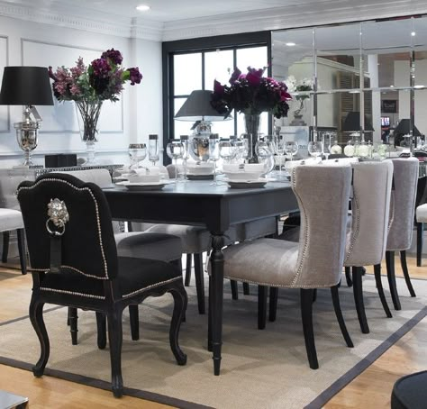 Extending Black Dining Table & 8 Chairs SPECIAL OFFER www.blackorchidinteriors.co.uk £2770 Black Dining Room Table, Gold Dining Room, Black Dining Table, White Kitchen Table, Grey Dining Room, Kitchen Table Chairs, Black Dining, Chair Ideas, Black Dining Room