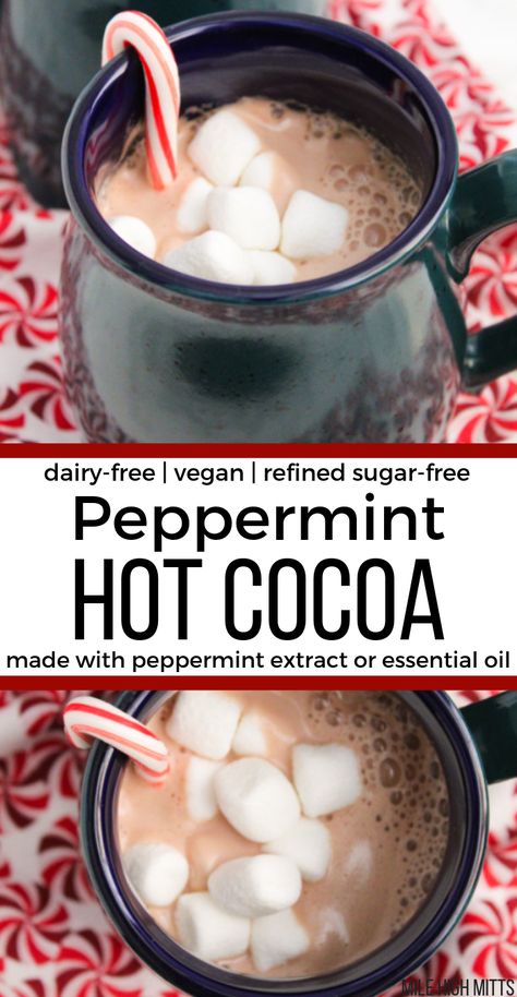 Healthy Peppermint Hot Chocolate, Peppermint Hot Cocoa Recipe, Recipes With Peppermint Extract, Peppermint Extract Uses, Dairy Free Hot Cocoa Mix Recipe, Peppermint Extract Recipes, Hot Chocolate Vegan, Peppermint Hot Chocolate Recipe, Chocolate Covered Banana Bites