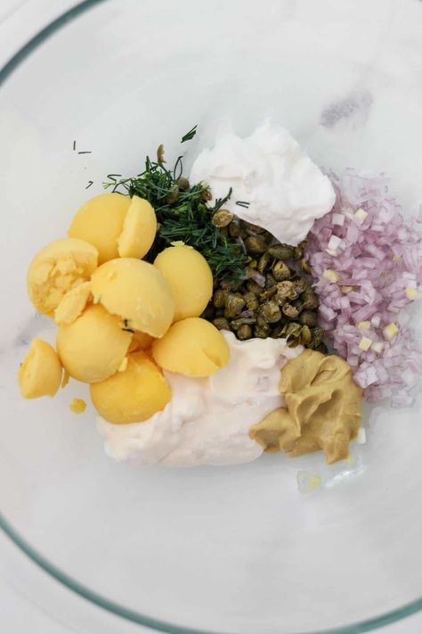 A deliciously simple recipe for perfect egg salad featuring capers and dill. Egg Salad With Dill, Creamy Egg Salad, Egg Salad Recipe Easy, Salad With Dill, Sandwich Fillers, Mustard Pickles, Creamy Eggs, Perfect Eggs, Egg Salad Recipe