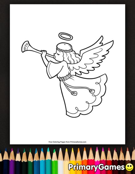 Free printable Christmas Coloring Pages eBook for use in your classroom or home from PrimaryGames. Print and color this Angel Sounding Trumpet coloring page. Catechism Crafts, Angel Coloring Pages, Printable Christmas Coloring Pages, Black And White Cartoon, Free Adult Coloring Pages, Free Christmas Printables, Christmas Drawing, Christmas Coloring Pages, Scandinavian Christmas