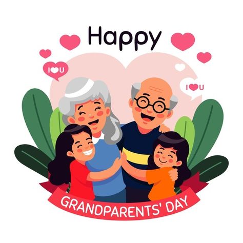 National Grandparents Day, Grandparents Day Crafts, Happy Grandparents Day, Grand Parents, Merry Christmas Gif, New Grandparents, Flat Design Illustration, Family Drawing, Parents Day