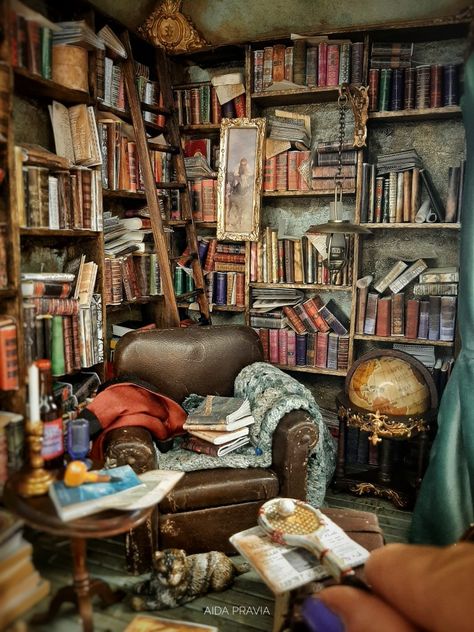 Miniature Hoarder House, Miniature Dark Academia, Library Dollhouse, Library Scene, Surrounded By Books, Dollhouse Miniatures Rooms, Houses Inside, Dollhouse Library, Miniature Library