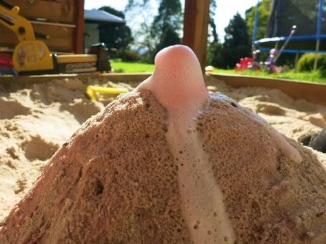 Make a cool sandpit volcano with lava pouring out of the top like a real volcano! The kids will go nuts for this simple science experiment. Volcano Recipe, Volcano Activities, Sand Dough, Volcano Experiment, After School Care, Simple Science, The Floor Is Lava, Scientific Experiment, Kid Experiments