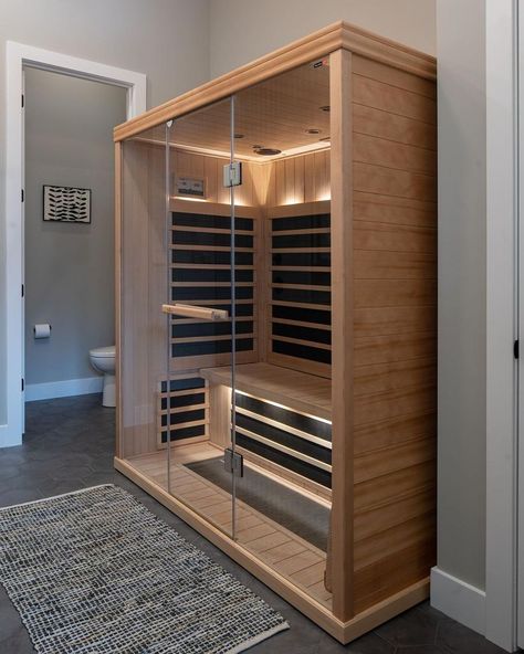 Elevate your bathroom into a stress-free oasis with an IR sauna. Then immerse yourself in the rejuvenating power of infrared heat. ✨ • Design: @SpringhouseArchitects • 📸: @kellyannphotos #SpringhouseArch #IndoorSauna #Sauna #HomeSauna #CustomHome #CustomBathroom #IRSauna #InfraredSauna #Finnleo #FinnleoSauna #BathroomSauna #FarInfraredSauna Infrared Sauna Room In House, Infrared Sauna At Home, Bathroom With Sauna Layout, Sauna Room In House, Sauna In Bathroom, Sauna Bathroom Ideas, Infra Sauna, Rustic Saunas, Studio Basement