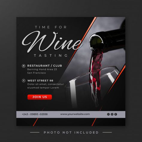 Wine tasting social media post | Premium Psd #Freepik #psd #wine #template #design #glass #background #illustration #vector #winery #alcohol #red #texture #art #event #drink #splash #abstract #party #flyer #stain #invite #restaurantt #beverage #bar #idea #color #business #invitation #taste #poster #liquid #element #leaflet  #creative #hotel #banner #vineyard  #cover #promotional #menu #icon #tasting #wineglass #decoration #vine #bottle #redwine #black #elegant #wine rops #dinner Wine Tasting Poster Design, Wine Social Media Post, Wine Tasting Event Invitation, Moodboard Classy, Wine Flyer, Club Poster Ideas, Wine Social Media, Event Ads, Bar Marketing