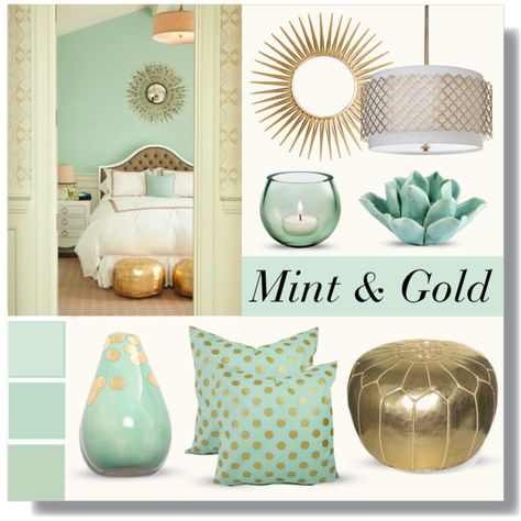 Mint & Gold by lgb321 on Polyvore featuring polyvore interior interiors interior design home home decor interior decorating Regina-Andrew Design Dot & Bo Mirror Image Home bedroom Mint Living Rooms, Mint Green Bedroom, Mint Bedroom, Mint Rooms, Gold Bedroom Decor, Mint And Gold, Gold Rooms, Gold Bedroom, Mint Gold