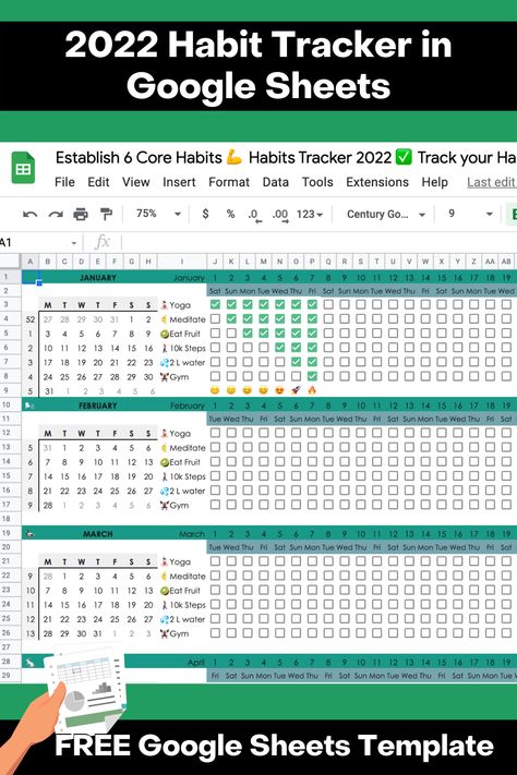 Title: "2022 Habit Tracker in Google Sheets". image is a screenshot of the template showing mini calendars, a column with habits, and lots of tickboxes for the trackign itself. Footer text: "Free Google Sheets template" Excel Spreadsheets Aesthetic, Tracking Sheets Printable, Habit Tracking Template, Spreadsheet Habit Tracker, Excel Productivity Tracker, Google Sheets Planner Template, Google Sheets Checklist, Habit Tracker Excel Template, Free Google Sheets Templates