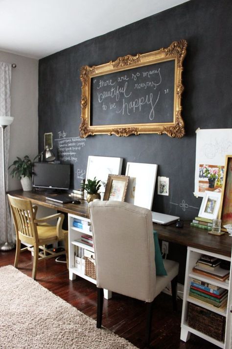 chalkboard paint on walls Shared Home Office Ideas, Shared Home Office, Office For Two, Double Desk, Chalk Wall, Basement Walls, Chalkboard Wall, Craft Room Office, Style At Home