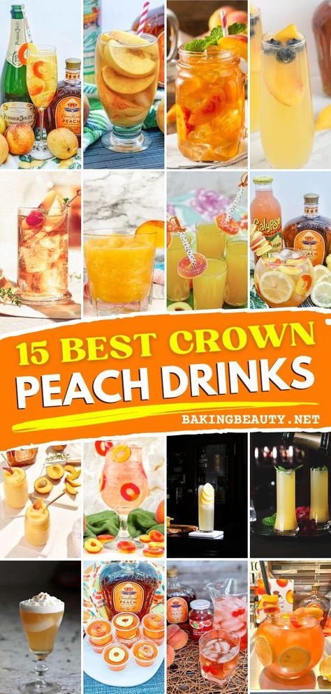 You don't wanna miss the fun experience with these Crown peach drink recipes! This peach whiskey blends perfectly with champagne, orange juice, lemon-lime soda, and even iced tea. These easy crown royal summer drinks are definitely worth a try! Make yours now! Peach Crown Drinks Recipes, Crown Peach Drink Recipes, Crown Peach Drinks, Peach Drink Recipes, Peach Whiskey Drink, Crown Royal Recipes, Crown Royal Peach, Peach Drink, Crown Royal Drinks