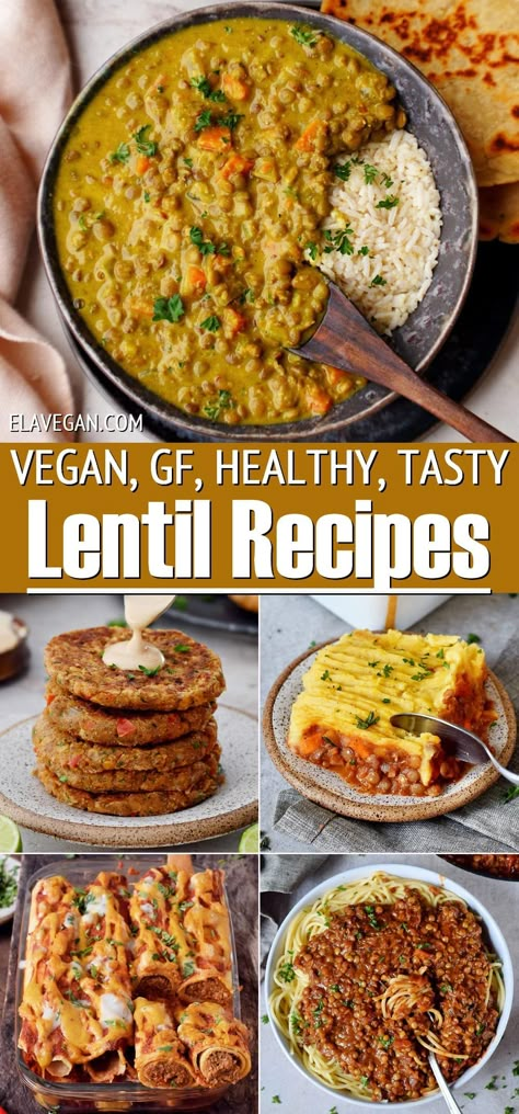 Collage vegan, GF, Healthy, Tasty Lentil Recipes Vegan Lentil Recipes Healthy, Dishes With Lentils, Lentil Recipe Ideas, Lentil Easy Recipe, Protein Lentil Recipe, Lentil Lunch Recipes, Lentil Plant Based Recipes, Green Lentil Recipes Vegan, Lentil Recipes Green