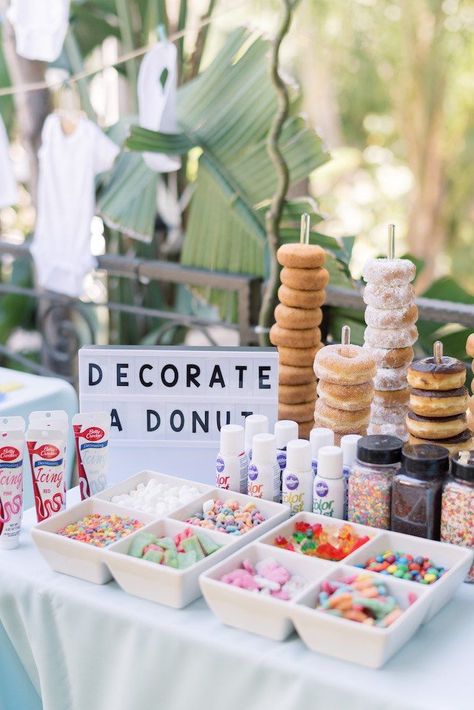 Boho Donut Birthday Party, Donut Table Centerpiece, Three Year Old Donut Party, Donut 4th Birthday Party Girl, Donut Birthday Party Food, Donut Station, Sweet One First Birthday, Koala Party, Birthday Desert