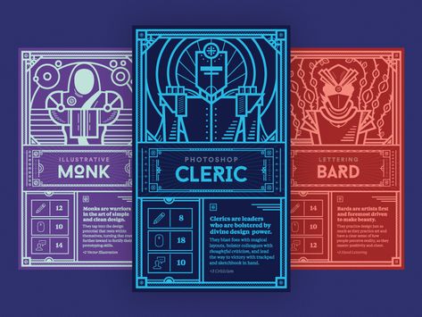 I decided to add some nerdy fun to this year's performance reviews with the design team. Each member of the team got a tarot/playing card based on classic Dungeons and Dragons character classes. I ... Trade Cards, Game Design Business Card, Gaming Cards, Character Cards Design, Game Card Design Ideas, Card Game Card Design, Game Board Design, Card Back Design, Character Card Design