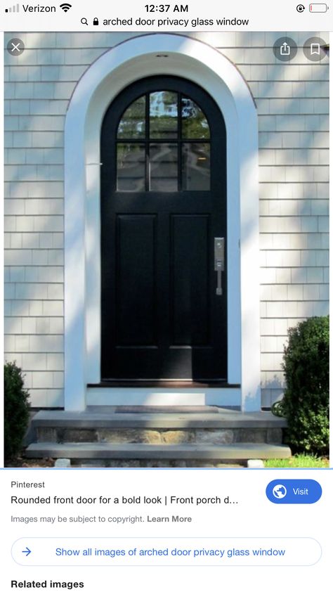 Rounded Front Door, Tudor Door, Arched Exterior Doors, Dark Front Door, Portico Entry, Arched Front Door, Metal Front Door, Front Stoop, Exterior Home Design