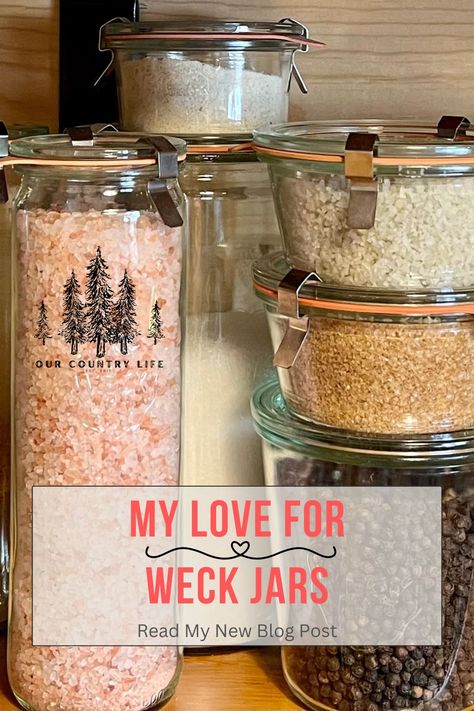 Stacked Weck  Glass Jars with pantry supplies Weck Glass Jars, Weck Jars Ideas, Weck Jars Pantry, Decorating With Glass Jars, Glass Jar Decorating Ideas, Jar Decorating Ideas, Glass Jar Storage, Canning Jar Storage, Canning Kitchen