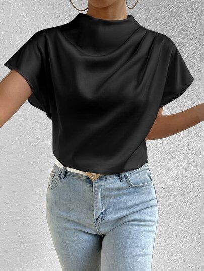 Satijnen Blouses, Mock Neck And T Shirt, Satin Blouse, Loose Shorts, Daily Dress, Batwing Sleeve, Short Sleeve Blouse, Summer Shirts, Black Blouse