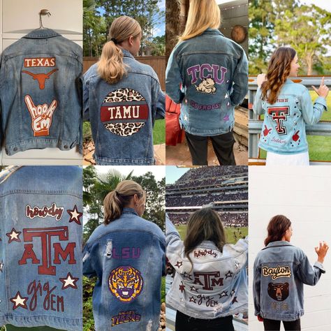 Painted Denim Jacket Sports, Painted Denim Jacket School Spirit, College Jean Jacket Diy, Jean Jacket Painted Football, Sports Jean Jacket Diy, Gameday Jean Jacket, College Denim Jacket, Senior Denim Jacket, Painted Jean Jacket School Spirit