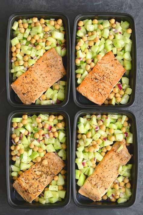 Meal Prep Salmon Cucumber Chickpea Salad {GF, LC} - Skinny Fitalicious Meal Prep Salmon, Cucumber Chickpea Salad, Quick Easy Meal Prep, Shrimp Meal Prep, Salmon Cucumber, Salmon Meal Prep, High Protein Meal, Fresh Cucumber, High Protein Meal Prep