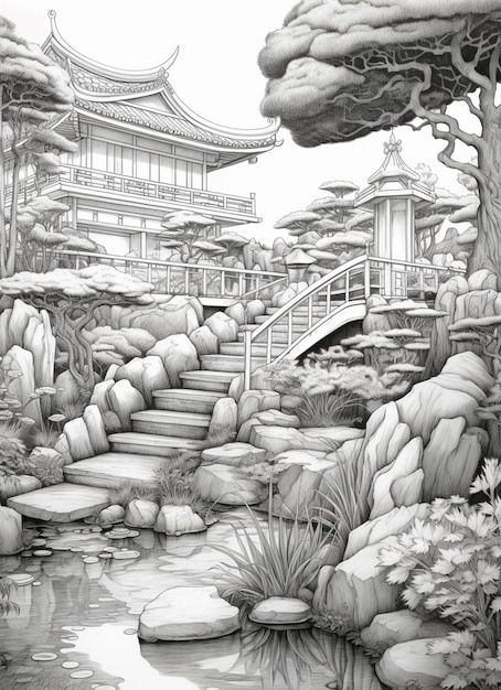 Ise Grand Shrine, Black And White Line Art, White Line Art, Garden Illustration, Grayscale Coloring Books, Line Art Drawing, Fairy Coloring Pages, Fairy Coloring, Black And White Lines