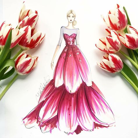 Fresh "peppermint" tulips and fresh inspiration. Tulip Fashion, Victorian Cards, Holly Nichols, Fashion Model Sketch, Fashion Illustration Tutorial, Fashion Illustration Collage, Fiber Sculpture, Copic Art, Fashion Illustrations Techniques