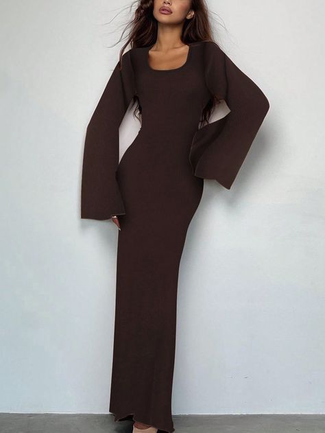 Brown Elegant Collar Long Sleeve Fabric Plain Fitted Embellished Medium Stretch  Women Clothing Godly Femininity, Boho Bible, Church Outfit Fall, Christian Outfits, Iphone Wallpaper Earth, Modest Girly Outfits, Hijabi Fits, Pieces Outfits, Dresses Winter