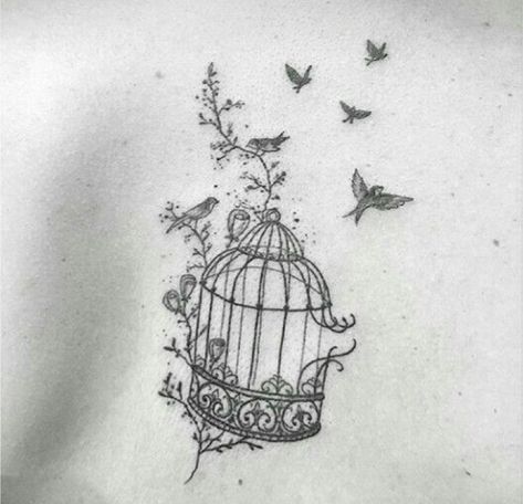 Fine Line Bird Cage Tattoo, Cage And Bird Tattoo, Butterfly Cage Tattoo, Birds Flying Out Of Cage Tattoo, Birdcage Tattoo Design, Bird Leaving Cage Tattoo, Bird Cage Tattoos For Women, Freedom Tattoos For Women, Bird In Cage Tattoo