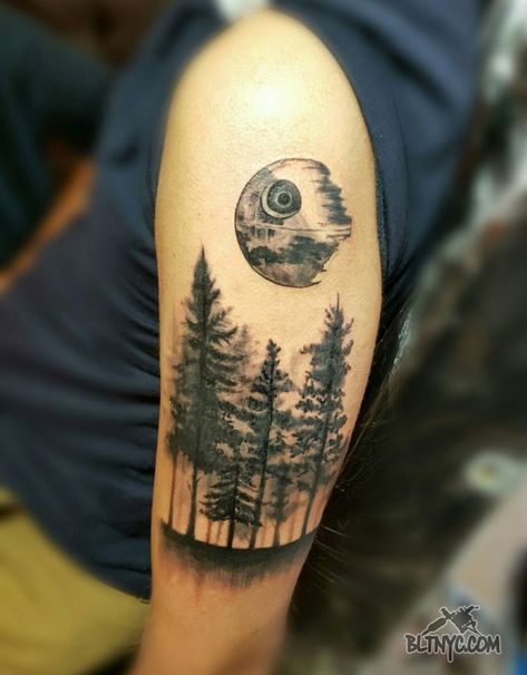 Endor Tattoo, Star Wars Tattoo Sleeve, Tattoo Makeup Coverup, Gray Forest, Nerdy Tattoos, Nice Designs, Buddha Tattoos, Tattoo Aesthetic, Geek Tattoo