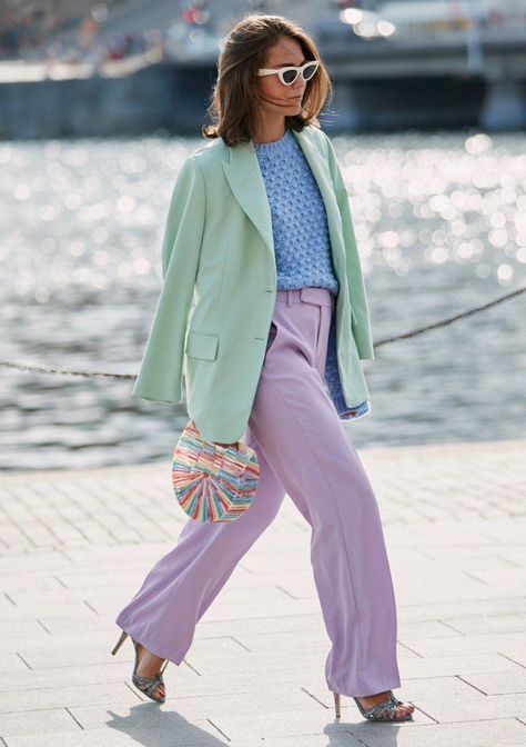 How to Wear Multiple It Colors at the Same Time - theFashionSpot Mode Pastel, Stockholm Fashion Week, Colorful Outfits, Woman Walking, Pastel Outfit, Purple Pants, Green Blazer, Stylish Work Outfits, Stockholm Fashion