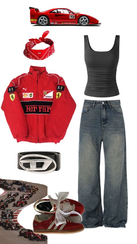 Ferrari jacket. Baggy jeans. Formula 1. Racer girls. Tom boy. Masculine Racer Jacket Outfit Women, Ferrari Jacket Outfit, Racer Jacket Outfit, Racing Jacket Outfit, Dubai Outfit, Seafood Feast, Scorpio Rising, Ferrari Jacket, Race Outfit