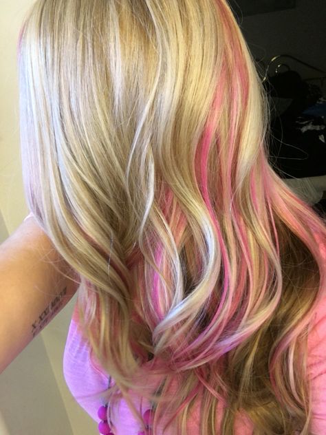 Pink And Blonde Hair, Underlights Hair, Pink Streaks, Hair Done, Pink Highlights, Hair Blog, Blonde Hair, Highlights, Hair Color