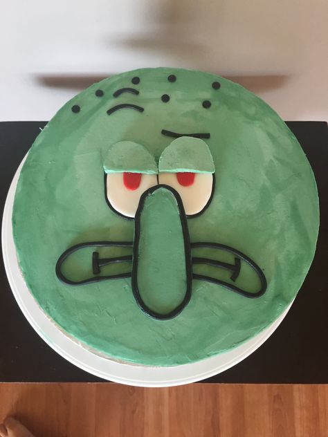 Squidward from sponge bob  All buttercream cake with black and white detaining  Custom creations Sudbury on Facebook Squidward Cake, Sponge Bob Cake Ideas, Iconic Birthday Cake, Squidward Birthday, Iconic Cakes, Meme Cake, Cake Workshop, Shrek Cake, Godzilla Birthday