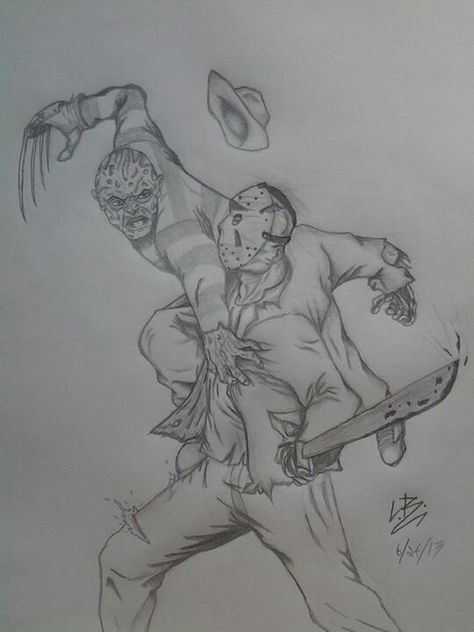 Freddy VS Jason Drawing. Freddy Vs Jason Art, Freddy Vs Jason Drawing, Jason Voorhees Sketch, Hallowen Draws Ideas, Freddy Vs Jason Tattoo, Horror Artwork Drawings, Freddy Krueger Drawing, Jason Drawing, Sticker Sketch