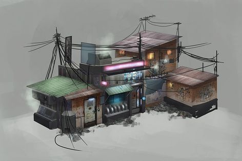 dystopia bar concept art - Google Search Zombie Apocalypse House, Apocalypse House, Game Art Design, Cyberpunk House, Cyberpunk Building, Fallout 4 Settlement Ideas, Final Major Project, Post Apocalyptic Art, Shanty Town